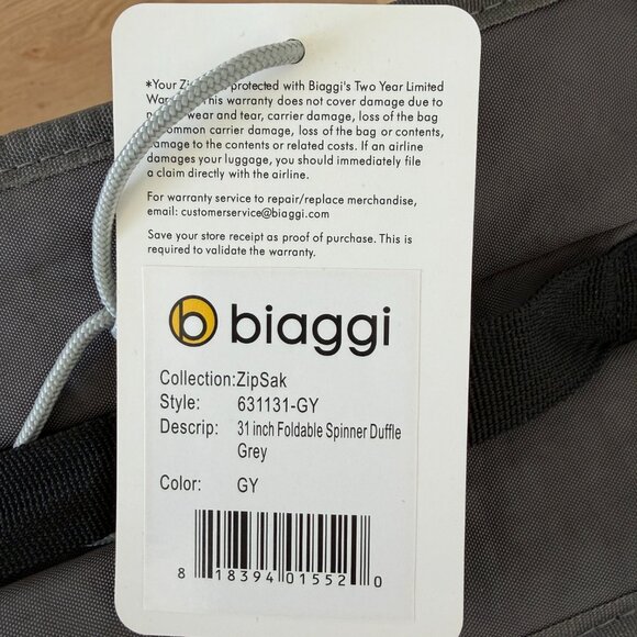 Biaggi Zipsak Foldable Spiner Duffle Bag Charcoal Gray 31 x 18 x 14 Travel Bag - Picture 2 of 9
